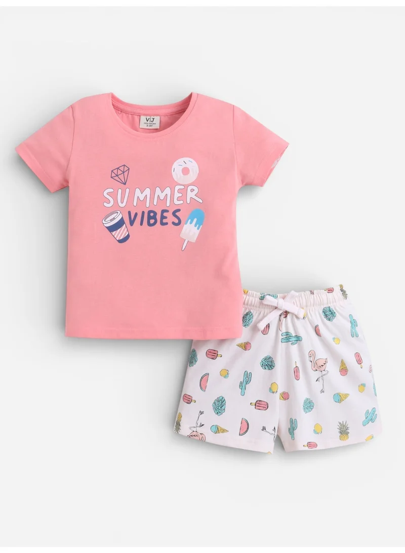 Victor And Jane  Girls Summer Vibes Print Cotton Pajama Set – T-Shirt & Shorts Nightwear for Women | Best Price UAE