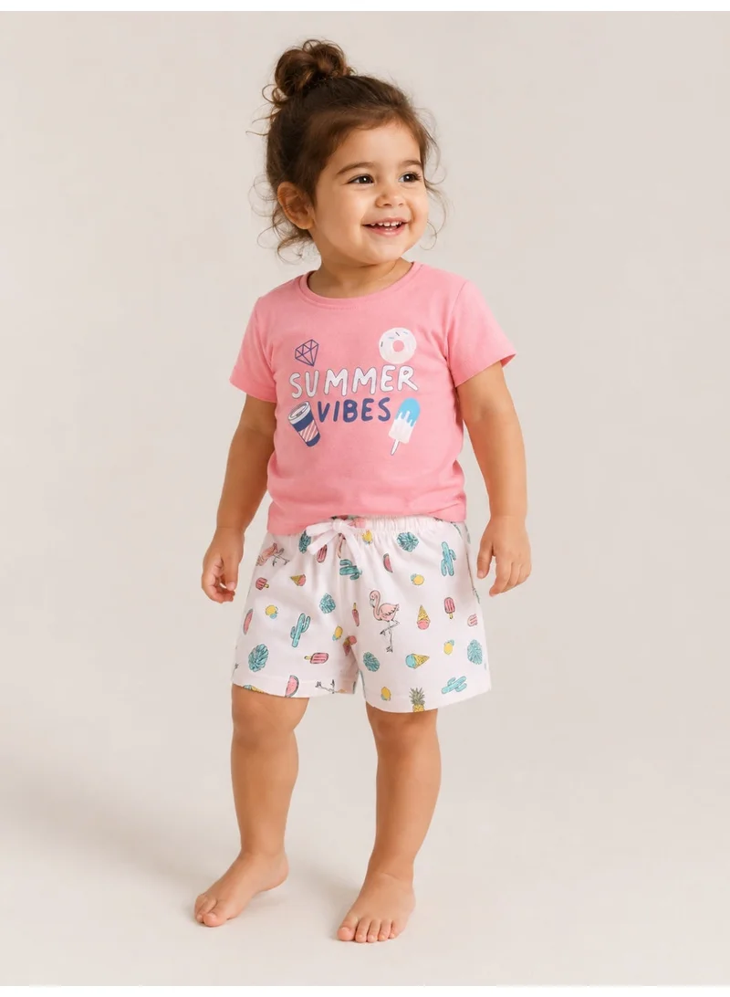 فكتور اند جين Girls Summer Vibes Print Cotton Pajama Set – T-Shirt & Shorts Nightwear