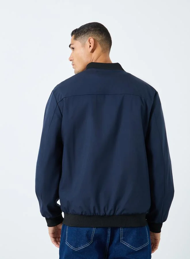 تايك تو Take Two Men Dark Blue Solid Bomber Jacket