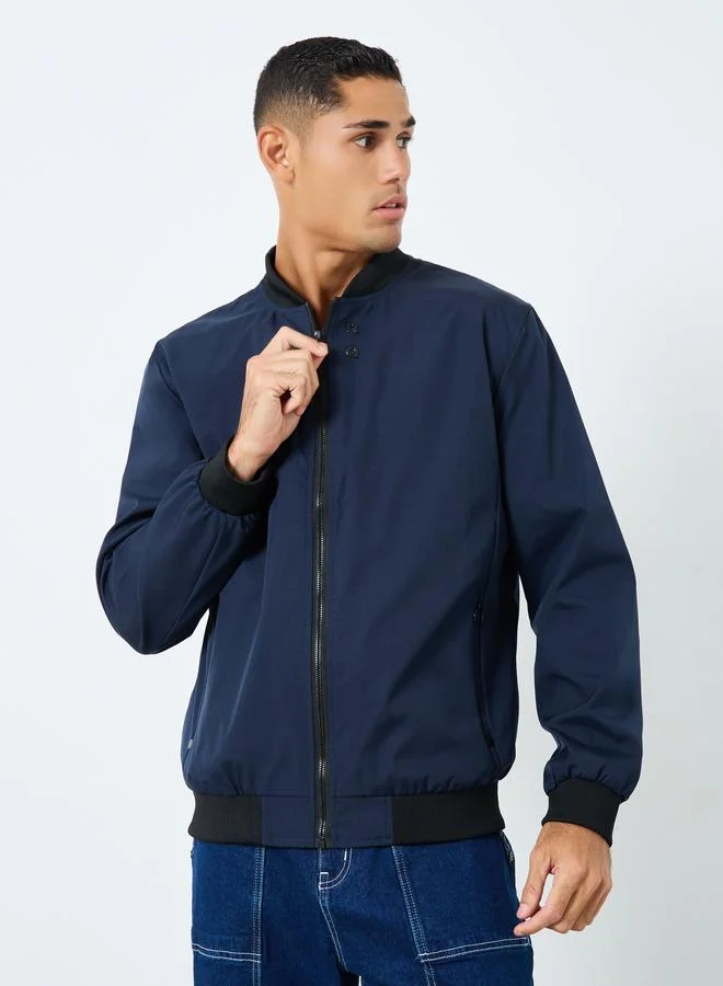 تايك تو Take Two Men Dark Blue Solid Bomber Jacket