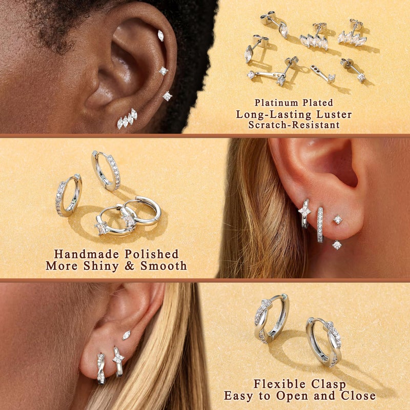 MILACOLATO 6 Pairs 925 Sterling Silver Earrings for Women Trendy, Platinum Plated Small Huggie Hoop Earrings Set, Hypoallergenic Stud Earring Stacks Cartilage Earring Sets for Multiple Piercing Set - Image 4