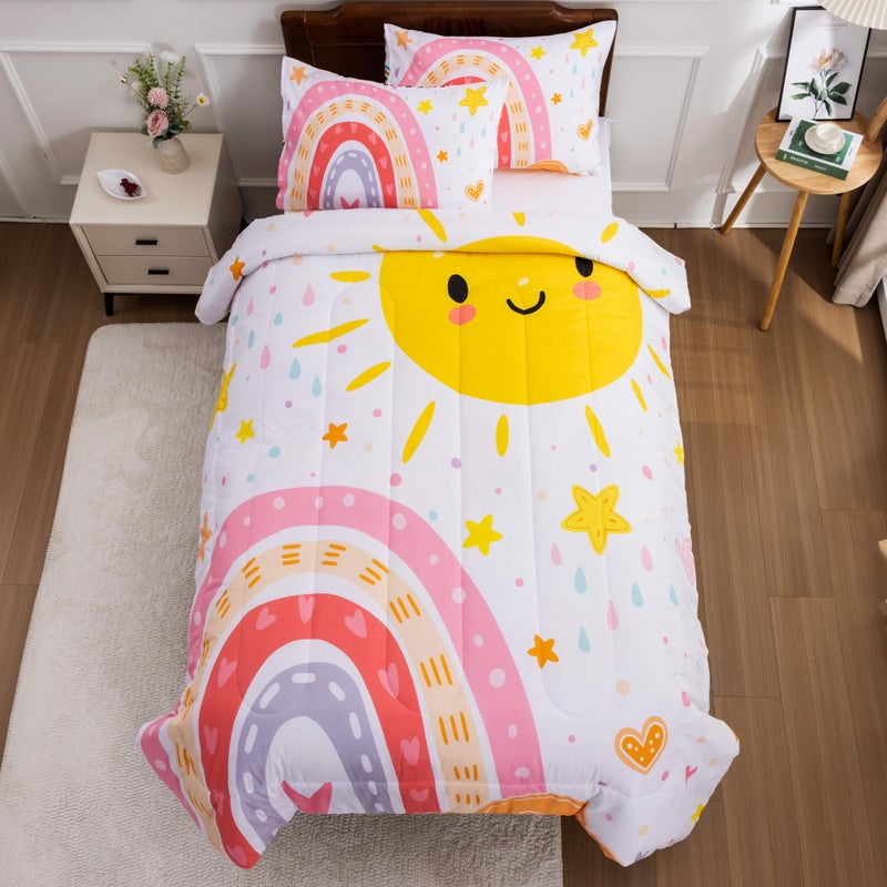 Btargot Lightweight Soft 3 Piece Rainbow Comforter Set with 2 Pillow Covers  Cartoon Love Hearts Flowers and Sun Star Bedding Set for Girls Boys Kids  Twin Pink - Image 1
