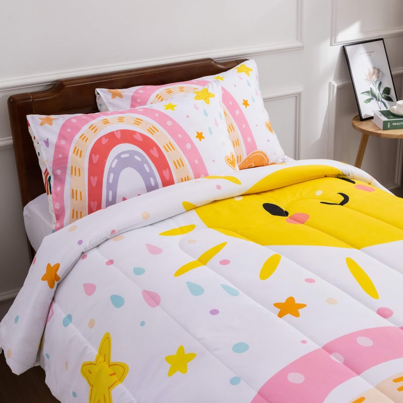 Btargot Lightweight Soft 3 Piece Rainbow Comforter Set with 2 Pillow Covers  Cartoon Love Hearts Flowers and Sun Star Bedding Set for Girls Boys Kids  Twin Pink - Image 5