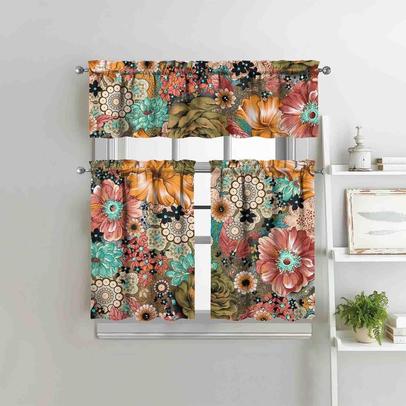 sdhinlwo Boho Kitchen Curtains Sets for Windows Bohemian Flower Curtain Sink Window Valance 3 Piece Set Floral Kitchen Decor Tier Curtains 3 Panels for Living Room Bedroom - Image 5