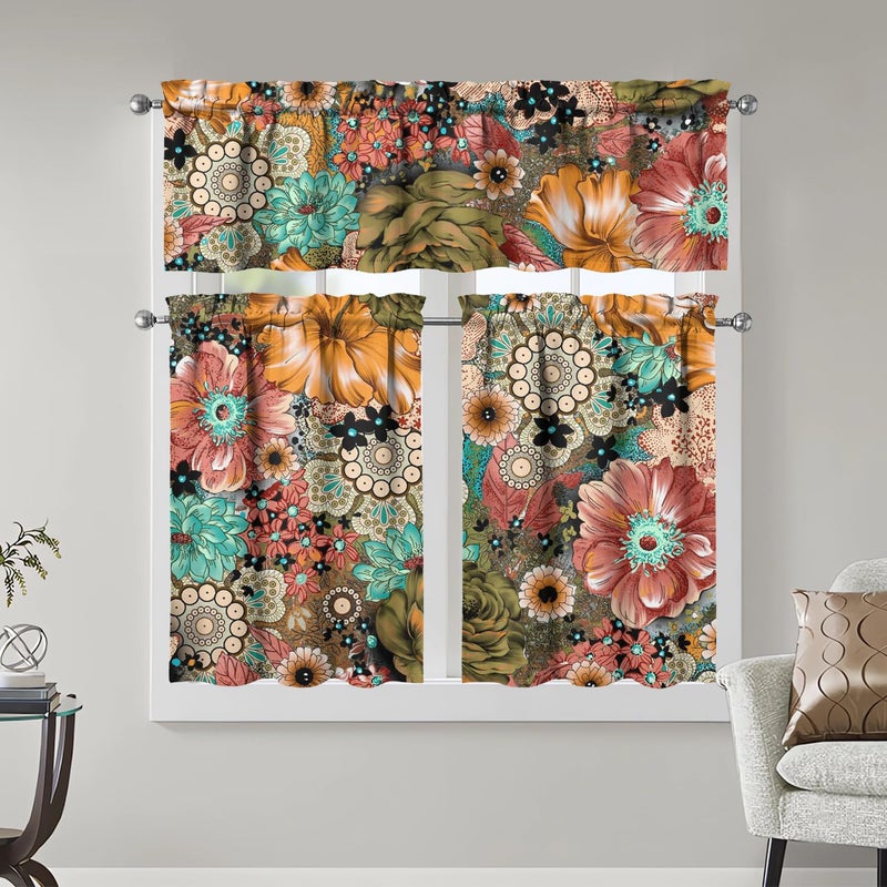 sdhinlwo Boho Kitchen Curtains Sets for Windows Bohemian Flower Curtain Sink Window Valance 3 Piece Set Floral Kitchen Decor Tier Curtains 3 Panels for Living Room Bedroom - Image 1