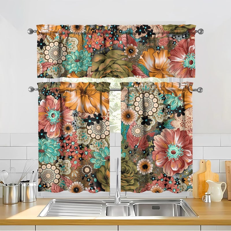 sdhinlwo Boho Kitchen Curtains Sets for Windows Bohemian Flower Curtain Sink Window Valance 3 Piece Set Floral Kitchen Decor Tier Curtains 3 Panels for Living Room Bedroom - Image 3