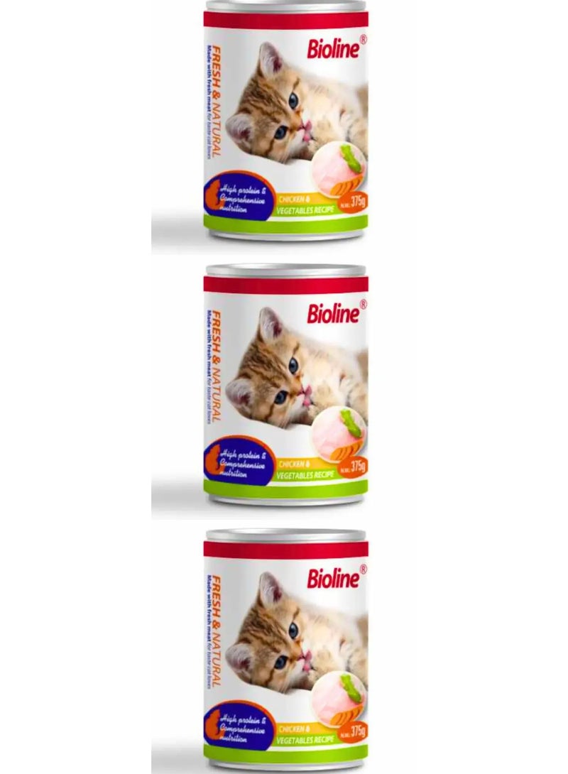 بايولاين طعام القطط المعلب من بيولاين، 375 جم - [نكهة - دجاج وخضراوات]، 3 قطع - Image 1