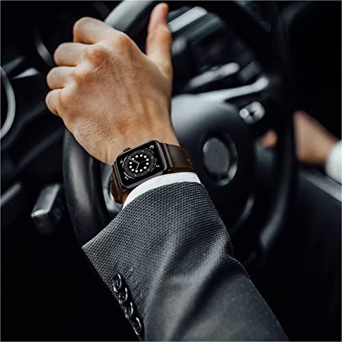 OUHENG Leather Bands Compatible with Apple Watch Band 49mm/46mm/45mm/44mm/42mm, Genuine Leather Strap for iWatch Ultra 3/2/1 & SE 3/2/1 Series 11 10 9 8 7 6 5 4 3 2 1 (Dark Brown/Black) - Image 5