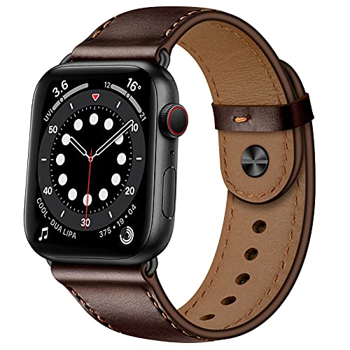 OUHENG Leather Bands Compatible with Apple Watch Band 49mm/46mm/45mm/44mm/42mm, Genuine Leather Strap for iWatch Ultra 3/2/1 & SE 3/2/1 Series 11 10 9 8 7 6 5 4 3 2 1 (Dark Brown/Black) - Image 1