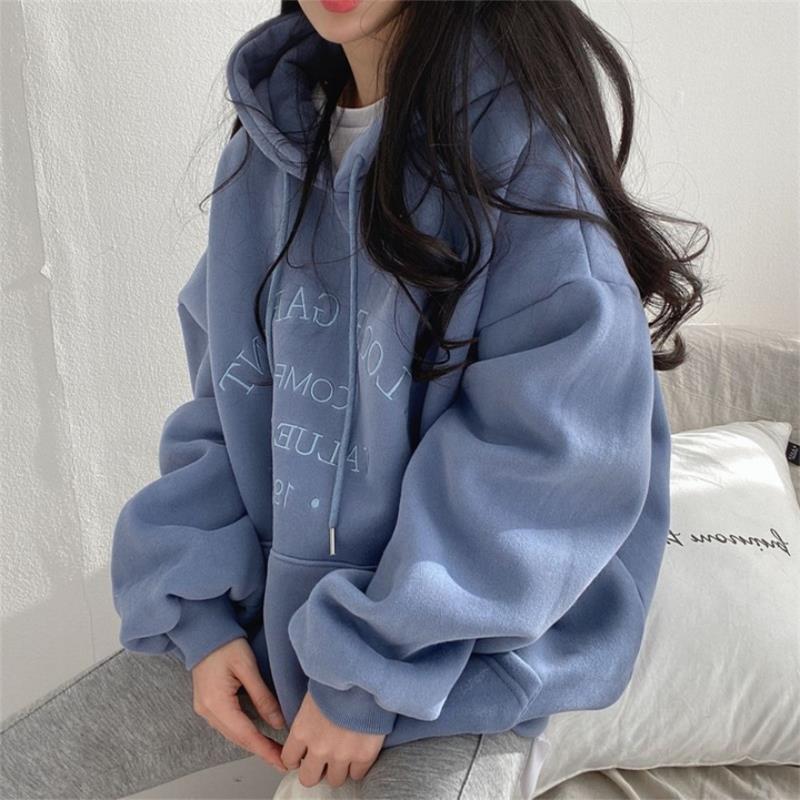 2022 Womens Hoodie Casual Autumn Winter Thickened Velvet Coat Plus Size 87 Blue [plus velvet]] 