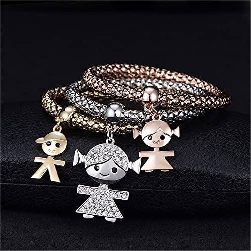SILANER Crystal Charms Multilayer Bracelets - 3PCS Gold/Silver/Rose Gold Corn Chain Bracelet for Women, Tree of Life Heart Shaped Stretch Bracelet (Mom and Daughter) - Image 2