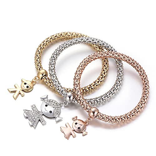SILANER Crystal Charms Multilayer Bracelets - 3PCS Gold/Silver/Rose Gold Corn Chain Bracelet for Women, Tree of Life Heart Shaped Stretch Bracelet (Mom and Daughter) - Image 1