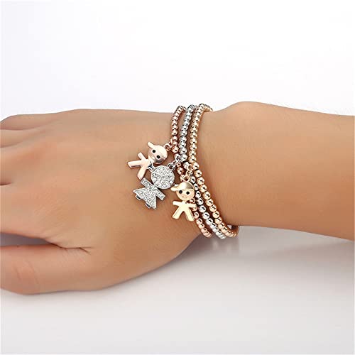 SILANER Crystal Charms Multilayer Bracelets - 3PCS Gold/Silver/Rose Gold Corn Chain Bracelet for Women, Tree of Life Heart Shaped Stretch Bracelet (Mom and Daughter) - Image 3