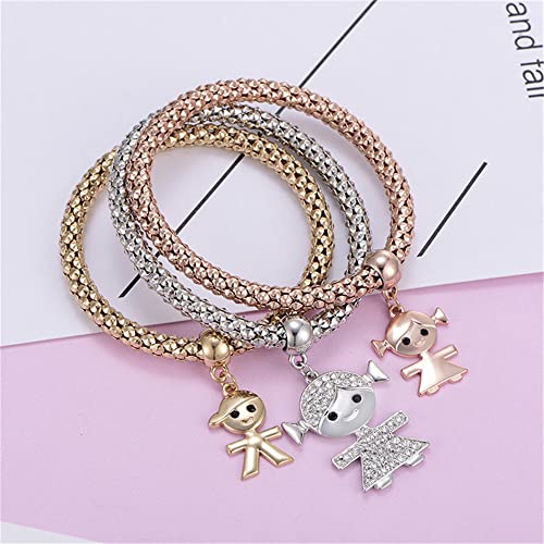 SILANER Crystal Charms Multilayer Bracelets - 3PCS Gold/Silver/Rose Gold Corn Chain Bracelet for Women, Tree of Life Heart Shaped Stretch Bracelet (Mom and Daughter) - Image 5