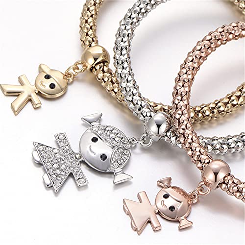 SILANER Crystal Charms Multilayer Bracelets - 3PCS Gold/Silver/Rose Gold Corn Chain Bracelet for Women, Tree of Life Heart Shaped Stretch Bracelet (Mom and Daughter) - Image 4