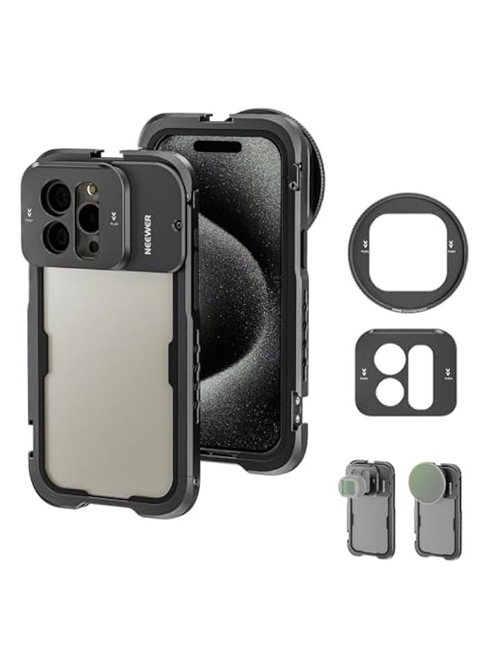 NEEWER 15 Pro Cage Video Rig with Snap On 67mm Filter Adapter, 17mm Threaded Lens Backplane, Anti Off Cold Shoes, Tripod Mount, Aluminum Case Kit for iPhone Stabilizer for Video Recording, PA023
