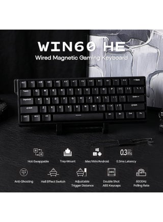 لوحة مفاتيح مغناطيسية اولا WIN60 HE اتصال سلكية للألعاب 60% مع 61 مفتاحًا  بإضاءة RGB مع تشغيل قابل للتعديل بمعدل استقصاء 8000 HZ ومفاتيح بتأثير هول مع خاصية التبديل السريع للألعاب (أسود) - view 2