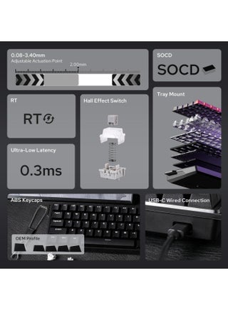 لوحة مفاتيح مغناطيسية اولا WIN60 HE اتصال سلكية للألعاب 60% مع 61 مفتاحًا  بإضاءة RGB مع تشغيل قابل للتعديل بمعدل استقصاء 8000 HZ ومفاتيح بتأثير هول مع خاصية التبديل السريع للألعاب (أسود) - view 4