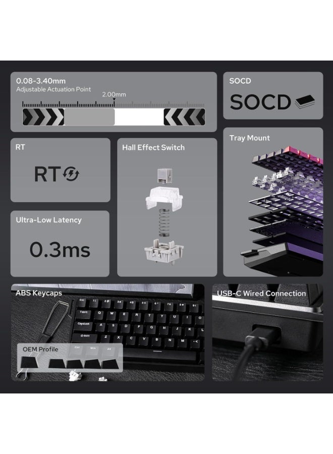 AULA WIN60 HE Magnetic Gaming Keyboard, Wired Connection, 60% Keys, 61 RGB Keys, Adjustable Polling Rate, 8000 Hz Keys, Hall Effect Switches, Rapid Trigger Gaming Switching (Black) - Image 4
