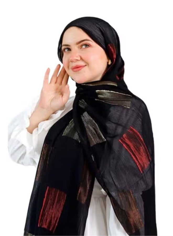 "طرحة جاكار الفاخرة باللون الأسود والأحمر - لمسة من الرقي لإطلالتك العصرية" - Image 2