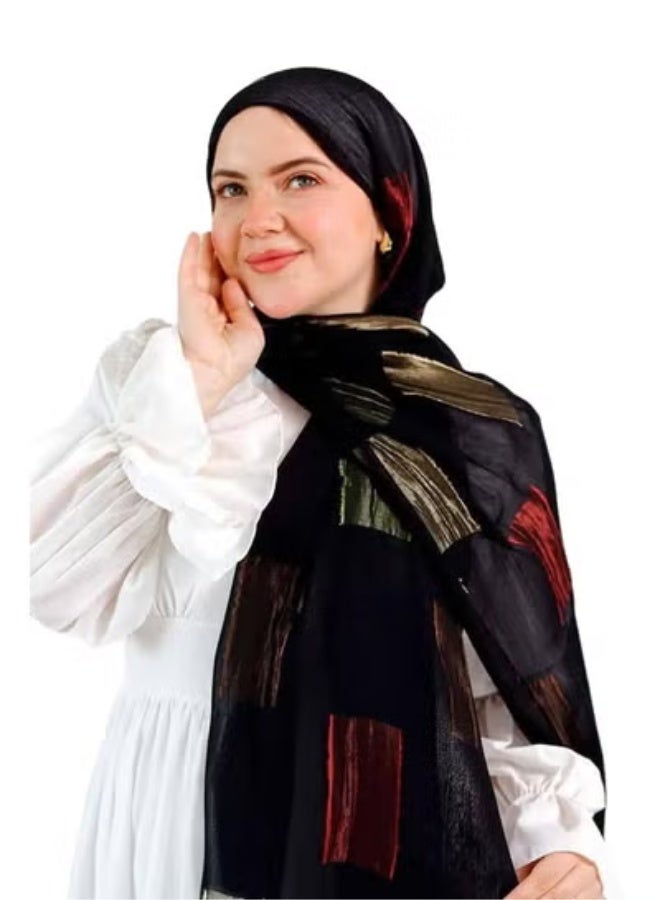 "طرحة جاكار الفاخرة باللون الأسود والأحمر - لمسة من الرقي لإطلالتك العصرية" - Image 1