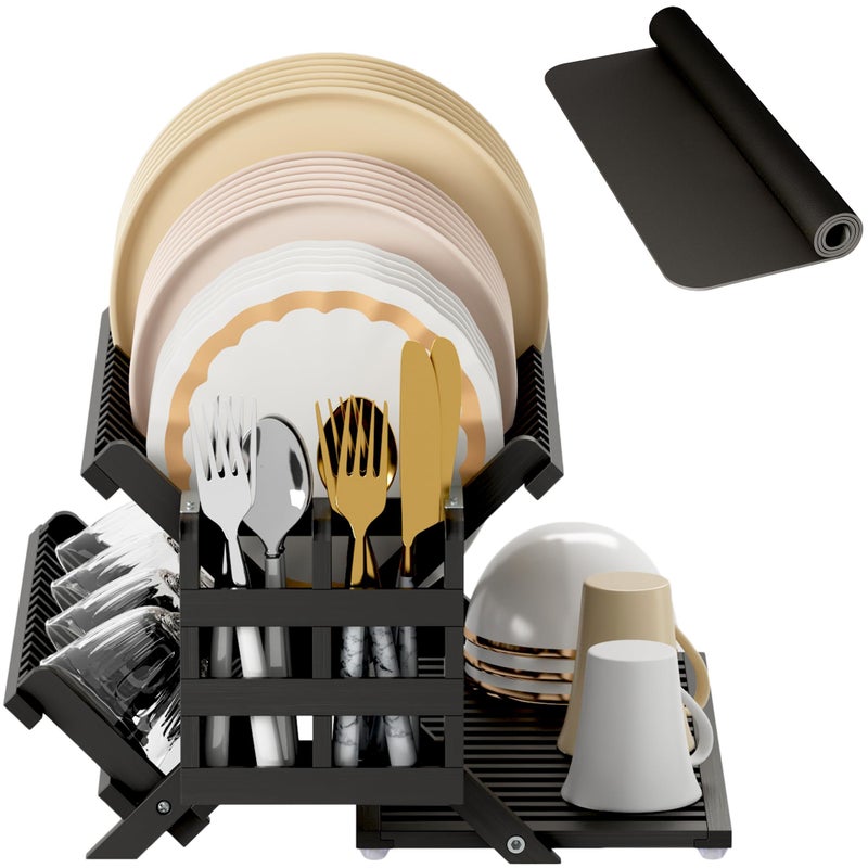Greenual Black Bamboo Dish Drying Rack with Utensil Holder, 3 Tier Collapsible Dish Rack, Wooden Dish Racks for Kitchen Counter, Large Folding Drying Holder with Absorbent Dish Drying Mat - Image 1