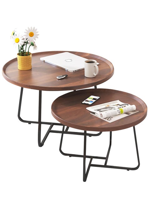Coffee Table Set of 2, Wood Round End Table Side Tables, Nesting Table Modern Side Table,Medium Density Fiberboard and Metal Frame,Sturdy and Easy Assemblyfor Living Room Bedroom Office Balcony Yard,Walnut 50CM+70CM