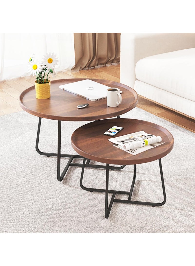 Coffee Table Set of 2, Wood Round End Table Side Tables, Nesting Table Modern Side Table,Medium Density Fiberboard and Metal Frame,Sturdy and Easy Assemblyfor Living Room Bedroom Office Balcony Yard,Walnut 50CM+70CM