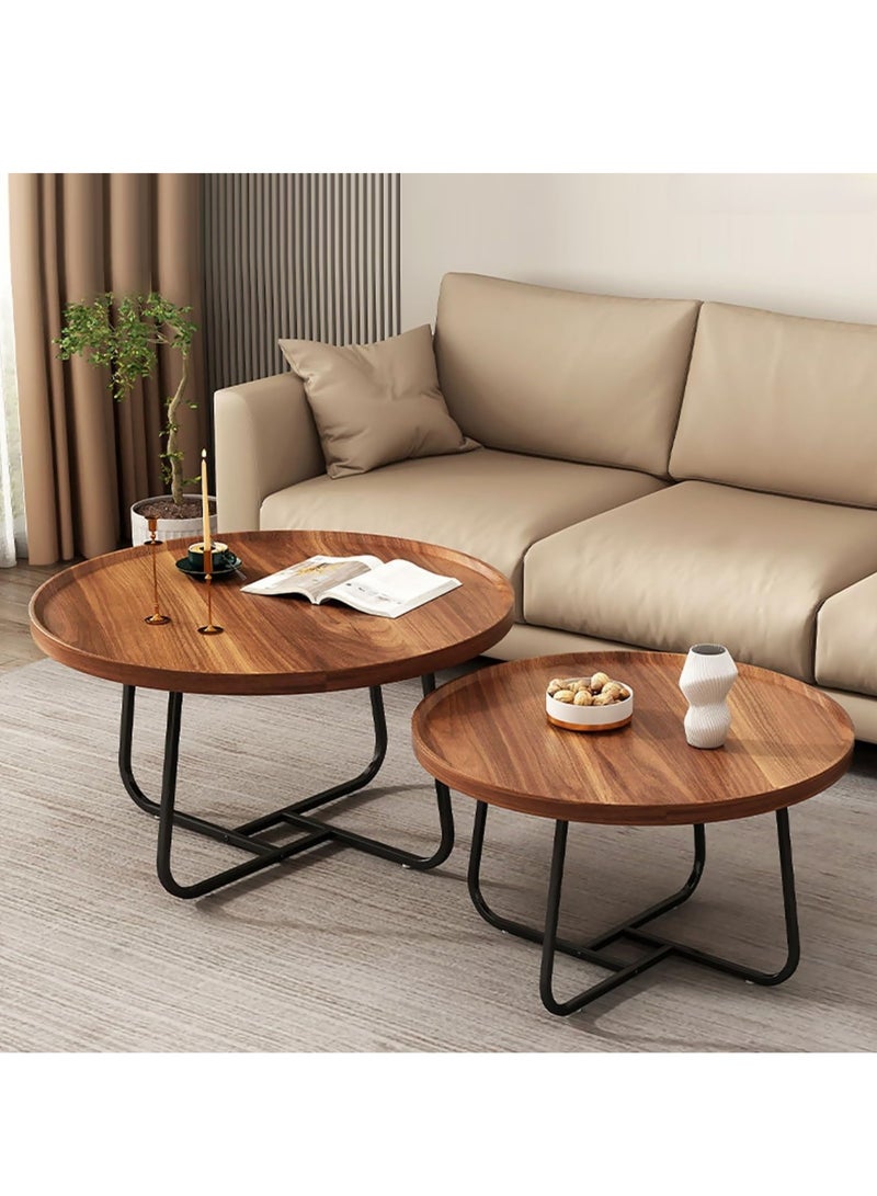 Coffee Table Set of 2, Wood Round End Table Side Tables, Nesting Table Modern Side Table,Medium Density Fiberboard and Metal Frame,Sturdy and Easy Assemblyfor Living Room Bedroom Office Balcony Yard,Walnut 50CM+70CM
