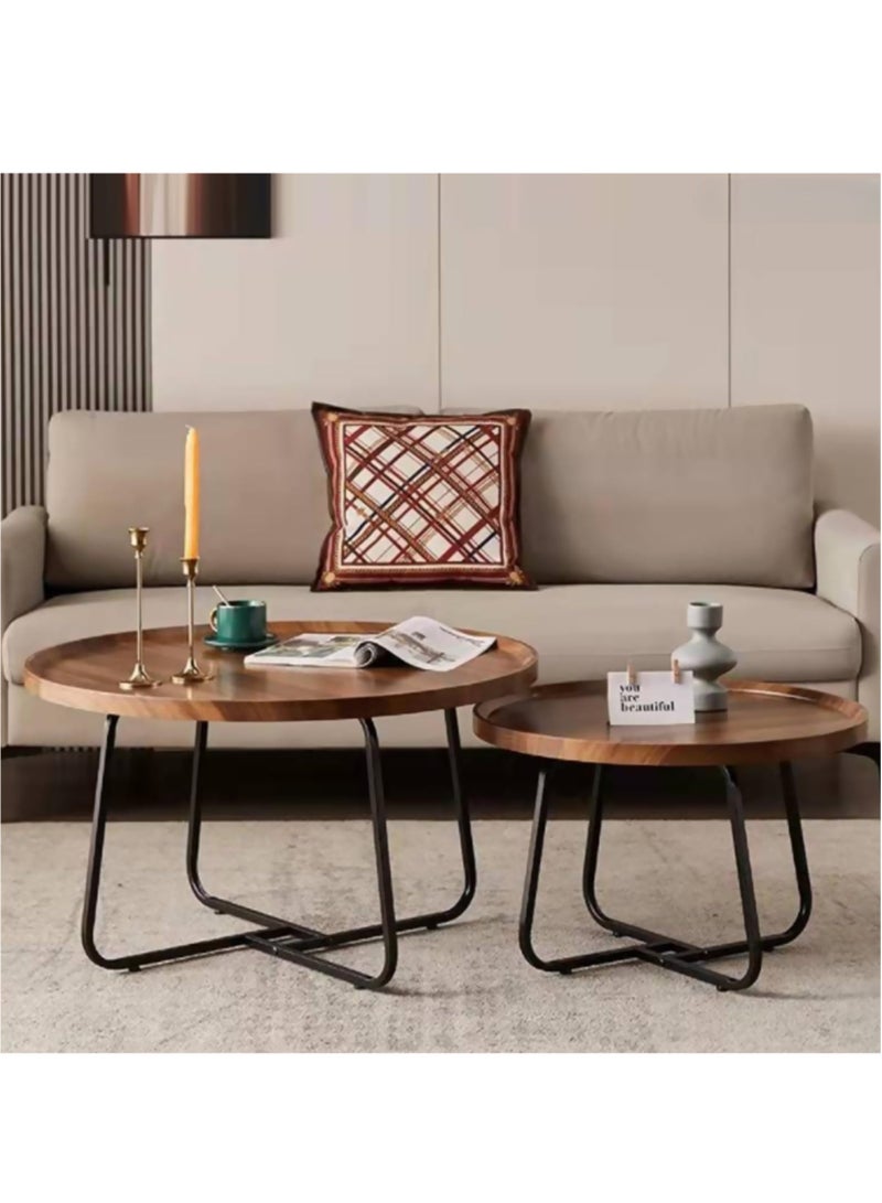 Coffee Table Set of 2, Wood Round End Table Side Tables, Nesting Table Modern Side Table,Medium Density Fiberboard and Metal Frame,Sturdy and Easy Assemblyfor Living Room Bedroom Office Balcony Yard,Walnut 50CM+70CM