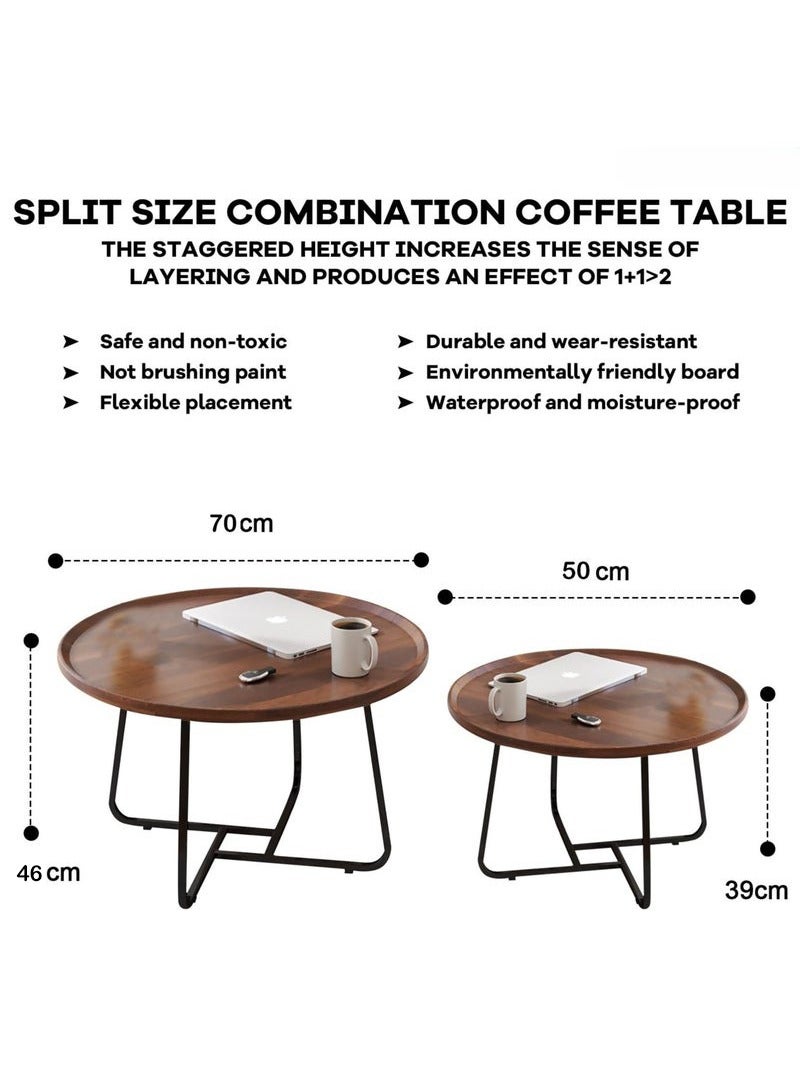 Coffee Table Set of 2, Wood Round End Table Side Tables, Nesting Table Modern Side Table,Medium Density Fiberboard and Metal Frame,Sturdy and Easy Assemblyfor Living Room Bedroom Office Balcony Yard,Walnut 50CM+70CM