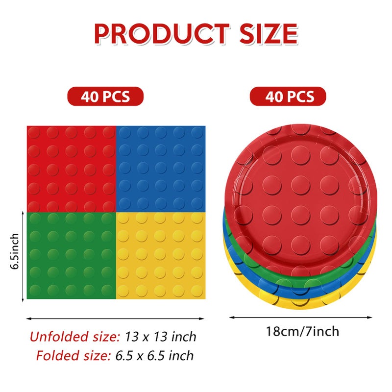 DURYGEN 80PCS Building Blocks Themed Birthday Party Decorations Colorful Building Block Tableware Paper Plates Napkins Set for Boys, Kidâ€™s Birthday Party Decorations Serve 20 - Image 2