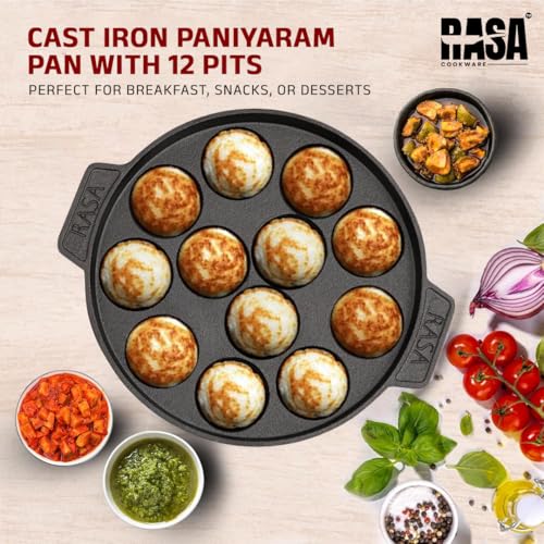 RASA Cookware Pre-Seasoned Cast Iron Paniyaram Pan with Spatula | 12-Pit, 8.3 Inch/21 cm, 1.6 kg | Naturally Non-Stick | Paddu Maker | Appam Patra, Paniyarakkal Pan for Appe | Induction Friendly - Image 5