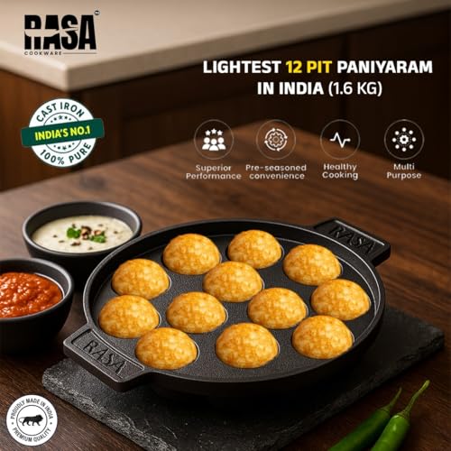 RASA Cookware Pre-Seasoned Cast Iron Paniyaram Pan with Spatula | 12-Pit, 8.3 Inch/21 cm, 1.6 kg | Naturally Non-Stick | Paddu Maker | Appam Patra, Paniyarakkal Pan for Appe | Induction Friendly - Image 2