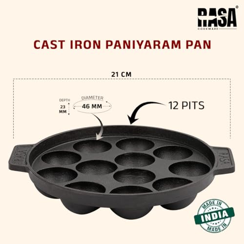 RASA Cookware Pre-Seasoned Cast Iron Paniyaram Pan with Spatula | 12-Pit, 8.3 Inch/21 cm, 1.6 kg | Naturally Non-Stick | Paddu Maker | Appam Patra, Paniyarakkal Pan for Appe | Induction Friendly - Image 3