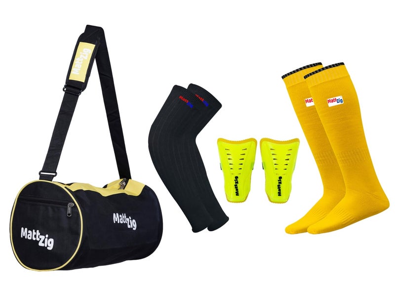 MATTZIG ® Club Football Kit (One Pair of Knee Length Poplin Socks + One Pair of Shin Guard + One Pair of Cotton Arm Sleeves + One Kit Bag) (Yellow) - Image 1