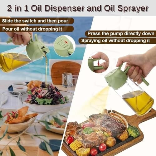 Rushwak Premium Glass Oil Sprayer Bottle - 2 in 1 Dispenser for Cooking, Salad, BBQ & Air Fryer - Food Grade, 500ML - Image 2