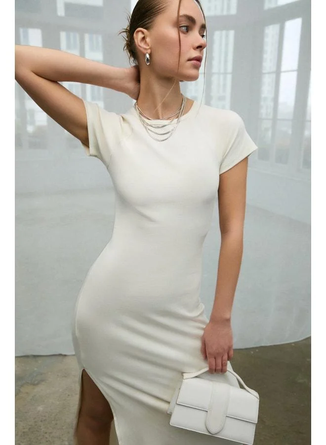 GRIMELANGE POPART Women's Soft and Flexible Fabric Bicycle Collar Slit-Detail Long White Dress.