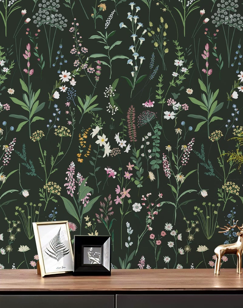 JiffDiff Floral Wallpaper Peel and Stick Farm Floral 472" x 17.3" Wildwood Wall Paper Dark Stick on Wallpaper Self Adhesive Contact Paper Coverage 56 sq.ft - Image 1
