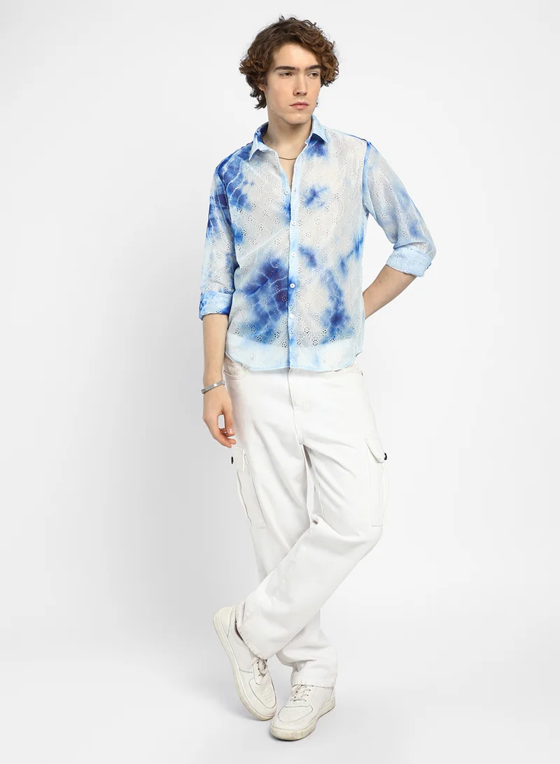 كامبوس سوترا Men's Royal Blue & Cream White Tie-Dye Textured Shirt