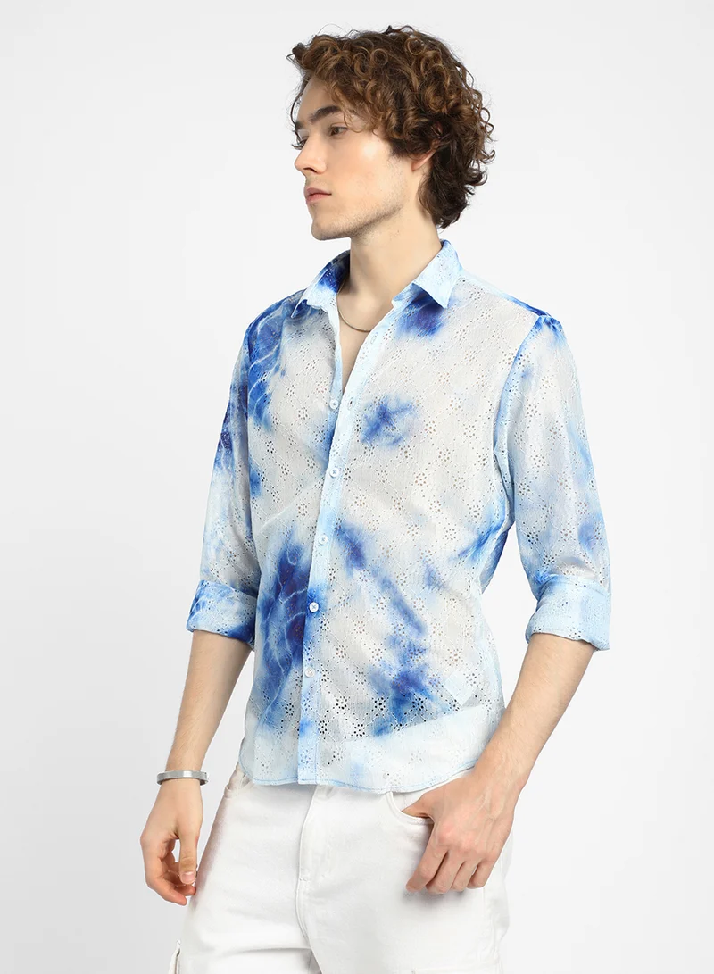 كامبوس سوترا Men's Royal Blue & Cream White Tie-Dye Textured Shirt