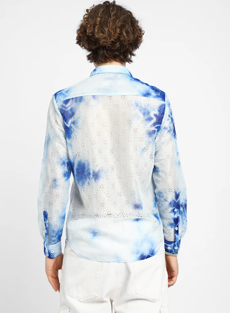 كامبوس سوترا Men's Royal Blue & Cream White Tie-Dye Textured Shirt