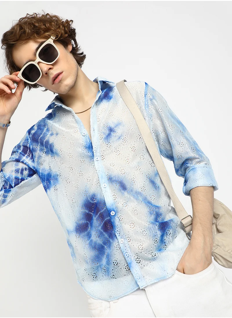 كامبوس سوترا Men's Royal Blue & Cream White Tie-Dye Textured Shirt