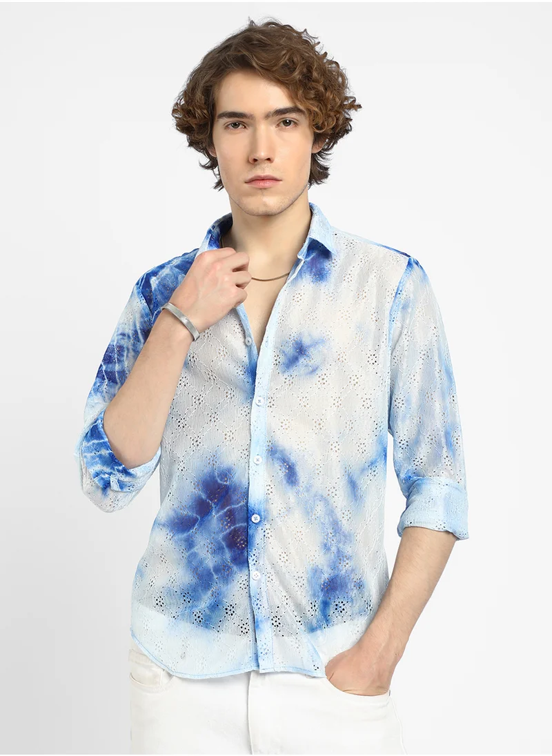 كامبوس سوترا Men's Royal Blue & Cream White Tie-Dye Textured Shirt