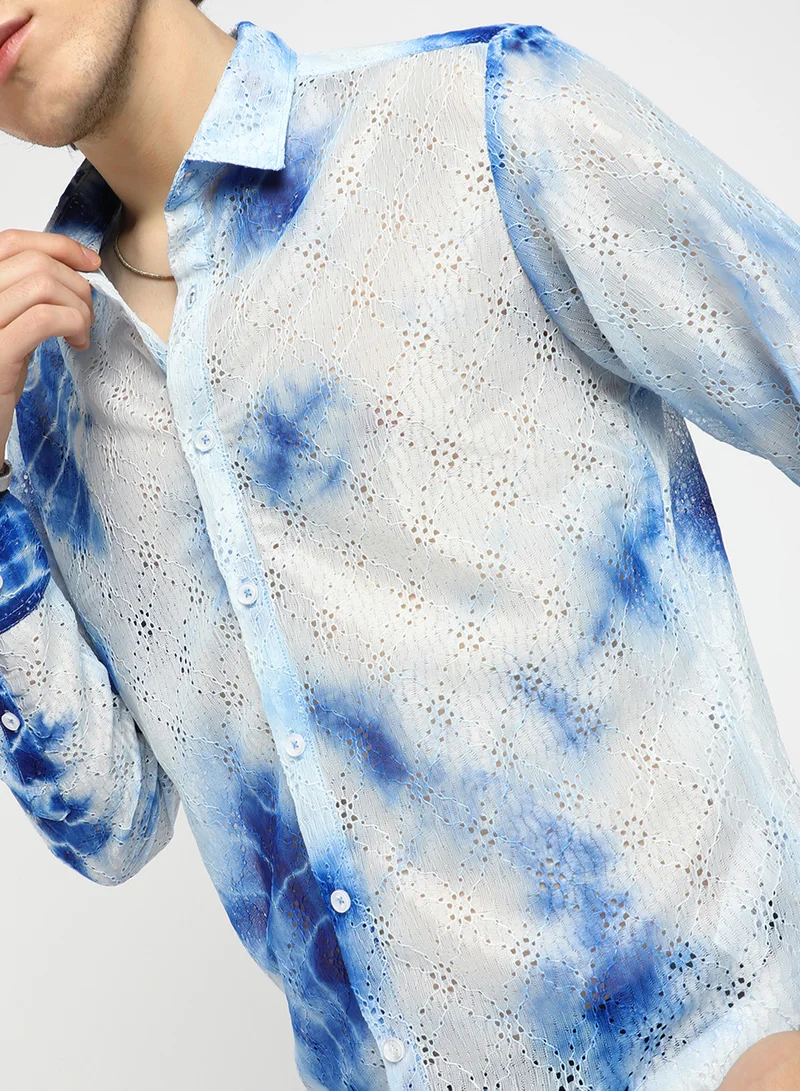 كامبوس سوترا Men's Royal Blue & Cream White Tie-Dye Textured Shirt