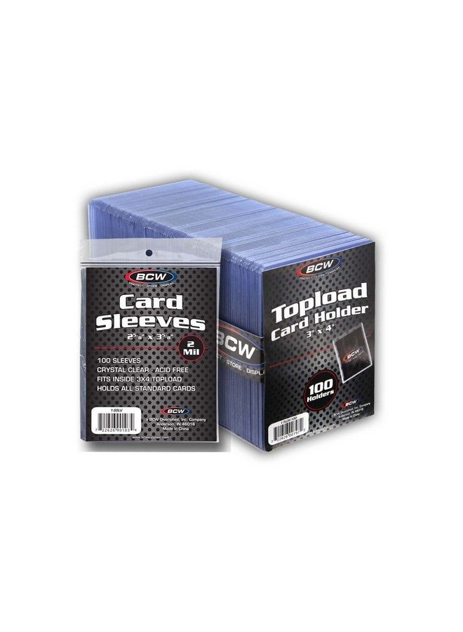 BCW 3x4 Topload Card Holders and Card Sleeves Combo | 100 Clear Plastic Toploaders and 100 Soft Card Sleeves | Protect, Store, and Display Trading Cards | Durable Card Storage Box for Collectors - Image 1