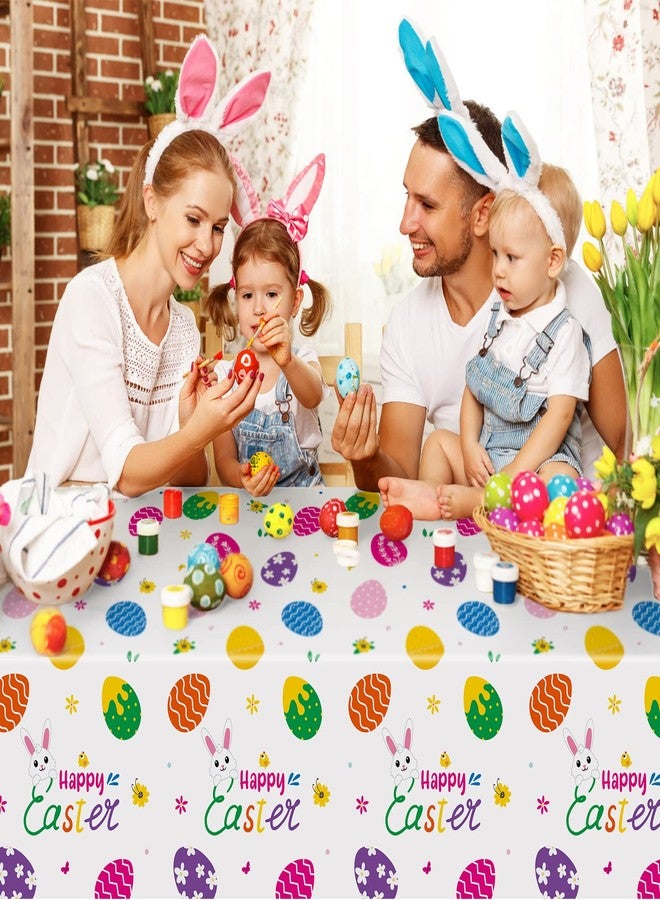 PERFQU 3 قطع من مفارش طاولة عيد الفصح - غطاء طاولة أرنب عيد الفصح السعيد، مفرش طاولة بلاستيكي مستطيل الشكل للاستخدام مرة واحدة مزين ببيض عيد الفصح الملون لتزيين طاولة عيد الفصح الربيعي ولوازم الحفلات، 54 × 108 بوصة - Image 2