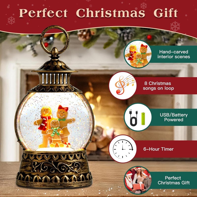 Aixuler Christmas Snow Globe,Gingerbread Man Musical Snow Globe Lantern Lights with 6H Timer Battery & USB Powered, Retro Style Holiday Glitter Globe for Xmas Home Decoration Holiday Party Gifts - Image 2