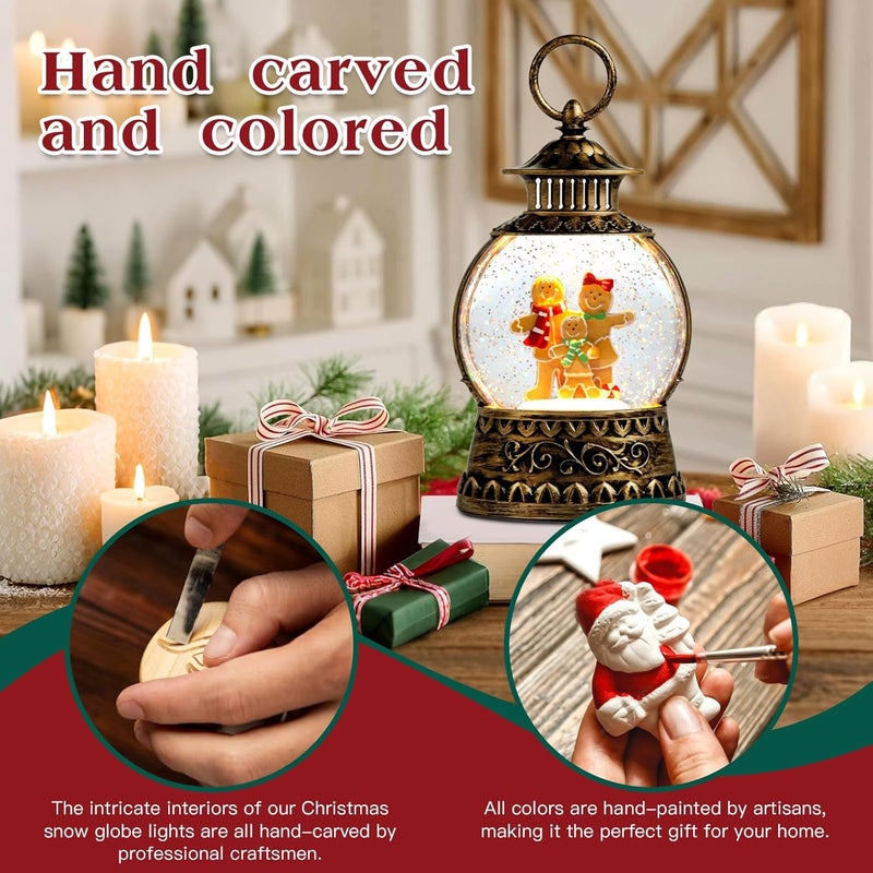 Aixuler Christmas Snow Globe,Gingerbread Man Musical Snow Globe Lantern Lights with 6H Timer Battery & USB Powered, Retro Style Holiday Glitter Globe for Xmas Home Decoration Holiday Party Gifts - Image 3