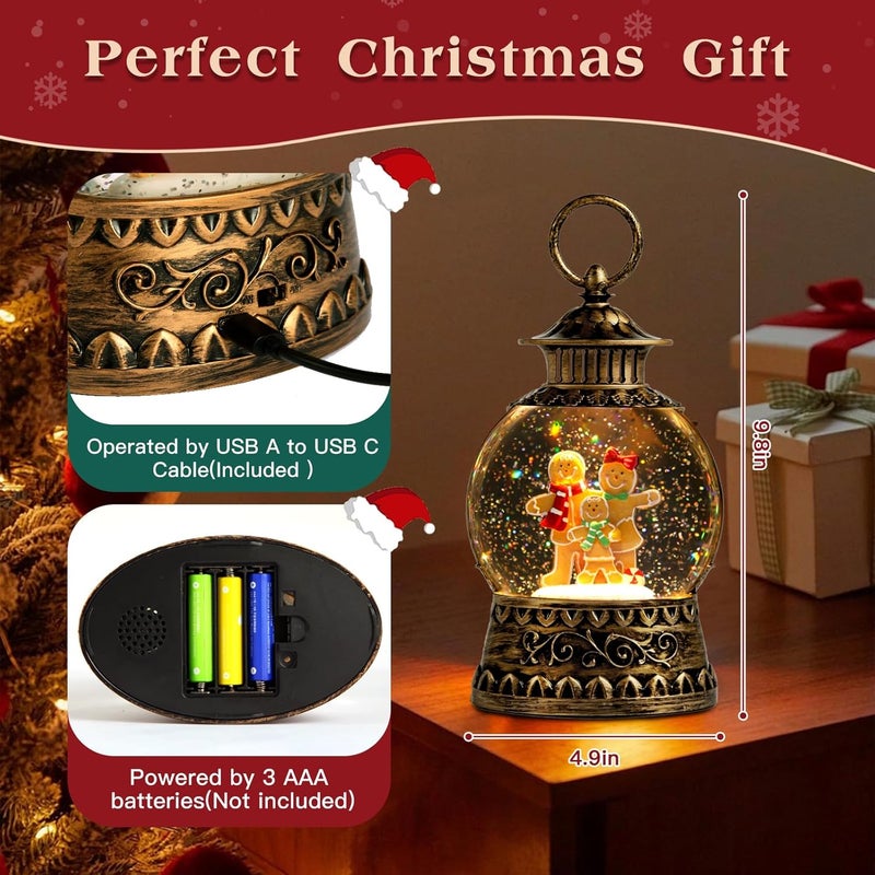 Aixuler Christmas Snow Globe,Gingerbread Man Musical Snow Globe Lantern Lights with 6H Timer Battery & USB Powered, Retro Style Holiday Glitter Globe for Xmas Home Decoration Holiday Party Gifts - Image 4